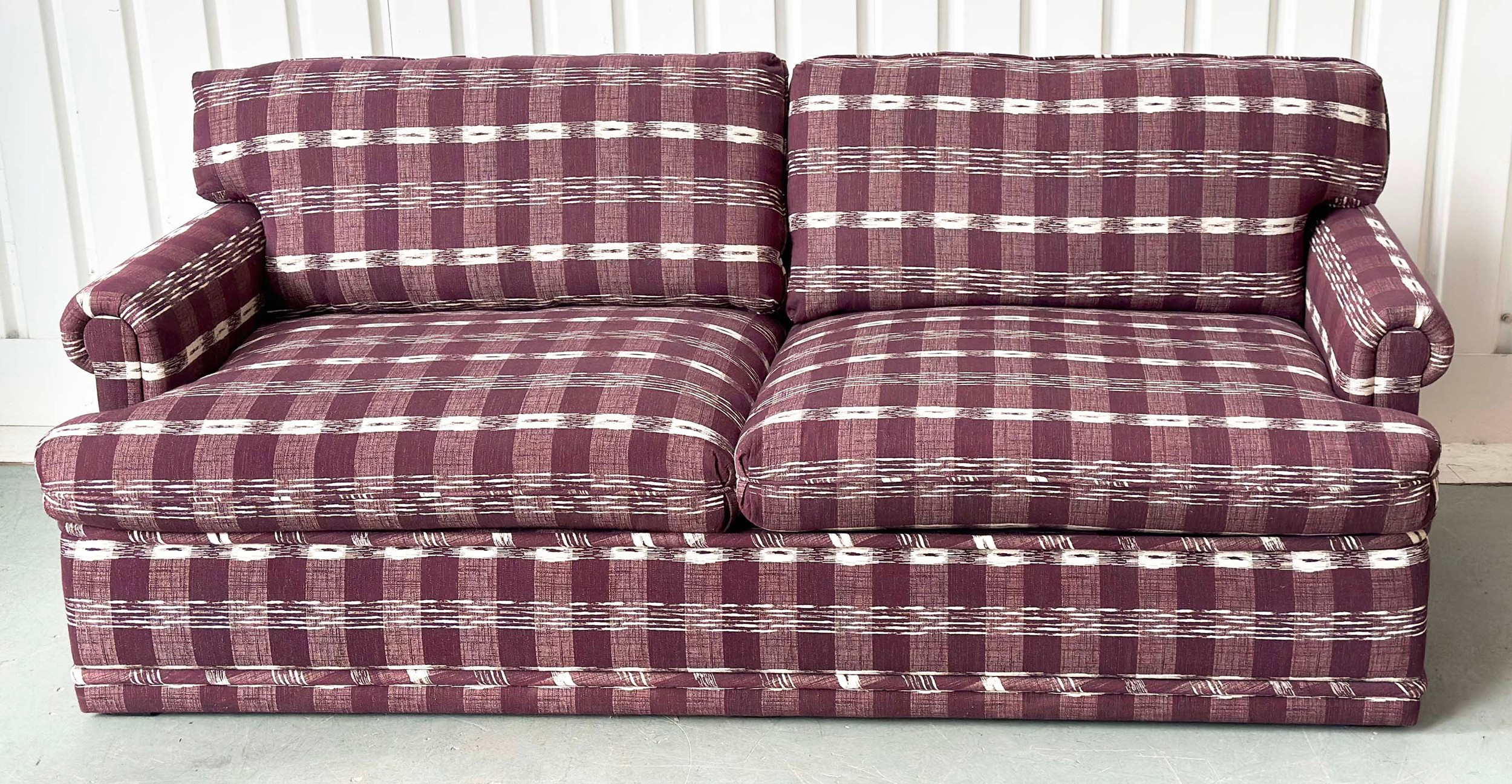 SOFA, Swedish check purple/white upholstery with scroll arms, 203cm W. - Image 2 of 9