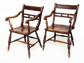 OXFORD ARMCHAIRS, a pair, 19th century English, High Wycombe, ash, elm and alder with shaped seats