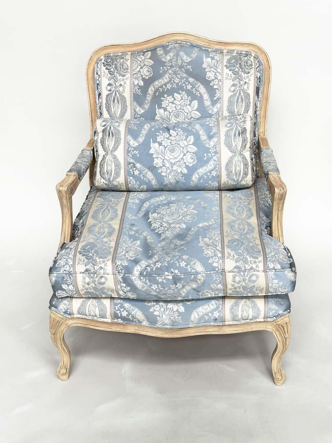 FAUTEUIL, French Louis XV style fruitwood with woven smoke blue and cream upholstery, 96cm H x - Image 2 of 6