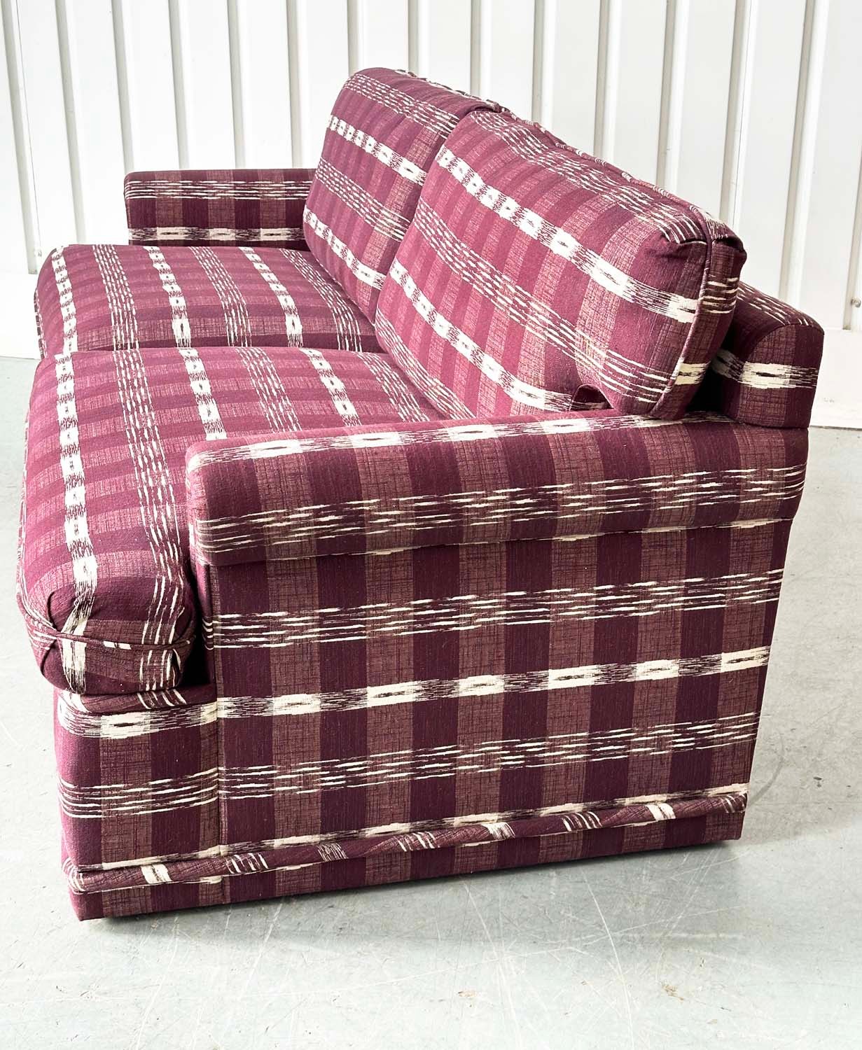SOFA, Swedish check purple/white upholstery with scroll arms, 203cm W. - Image 9 of 9