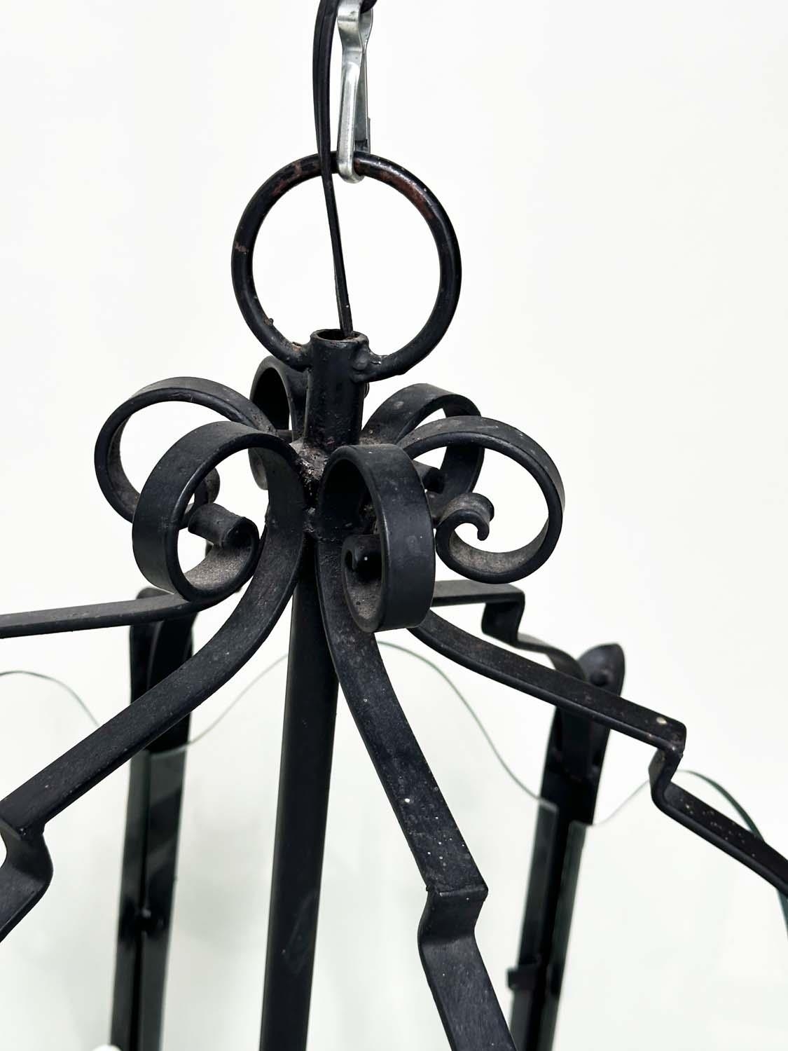 HALL LANTERN, Italian style hexagonal wrought iron and glazed with three branch fitting, 46cm W x - Image 5 of 5