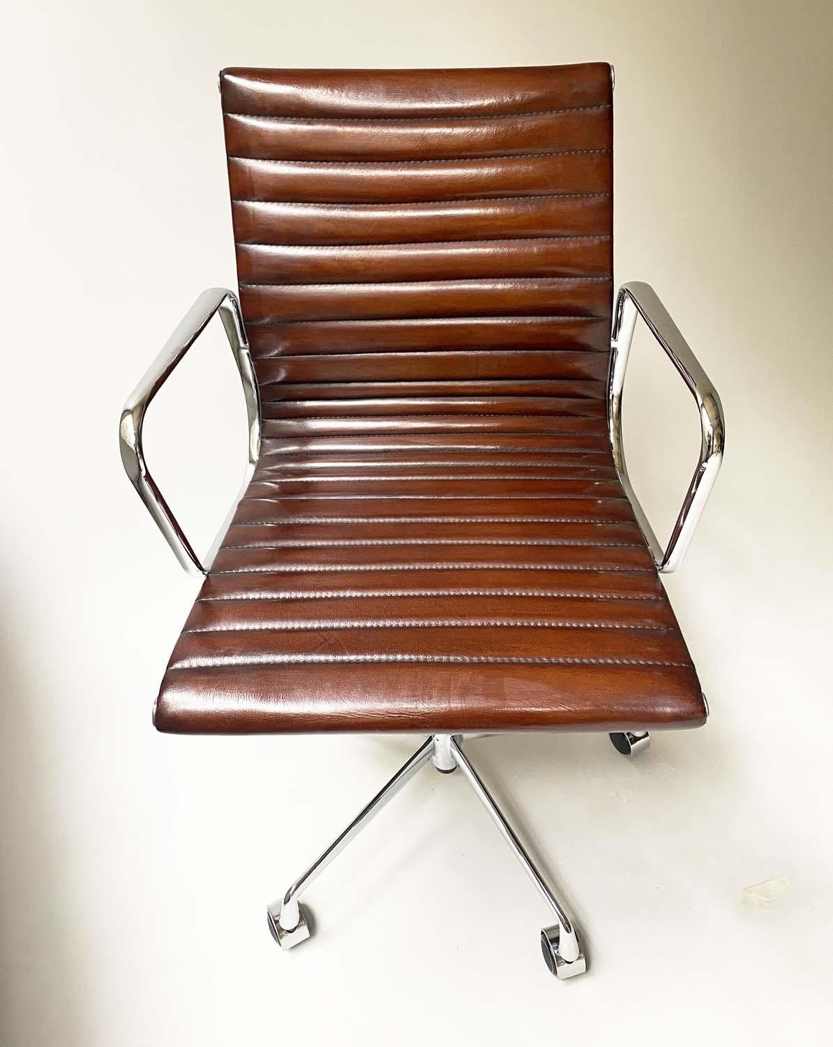 REVOLVING DESK CHAIR, Charles and Ray Eames inspired with ribbed hand finished mid brown natural - Image 9 of 11