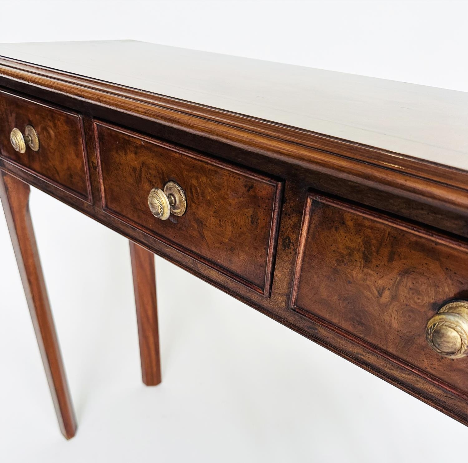 HALL TABLE, George III design burr walnut and crossbanded with three frieze drawers and tapering - Image 8 of 9