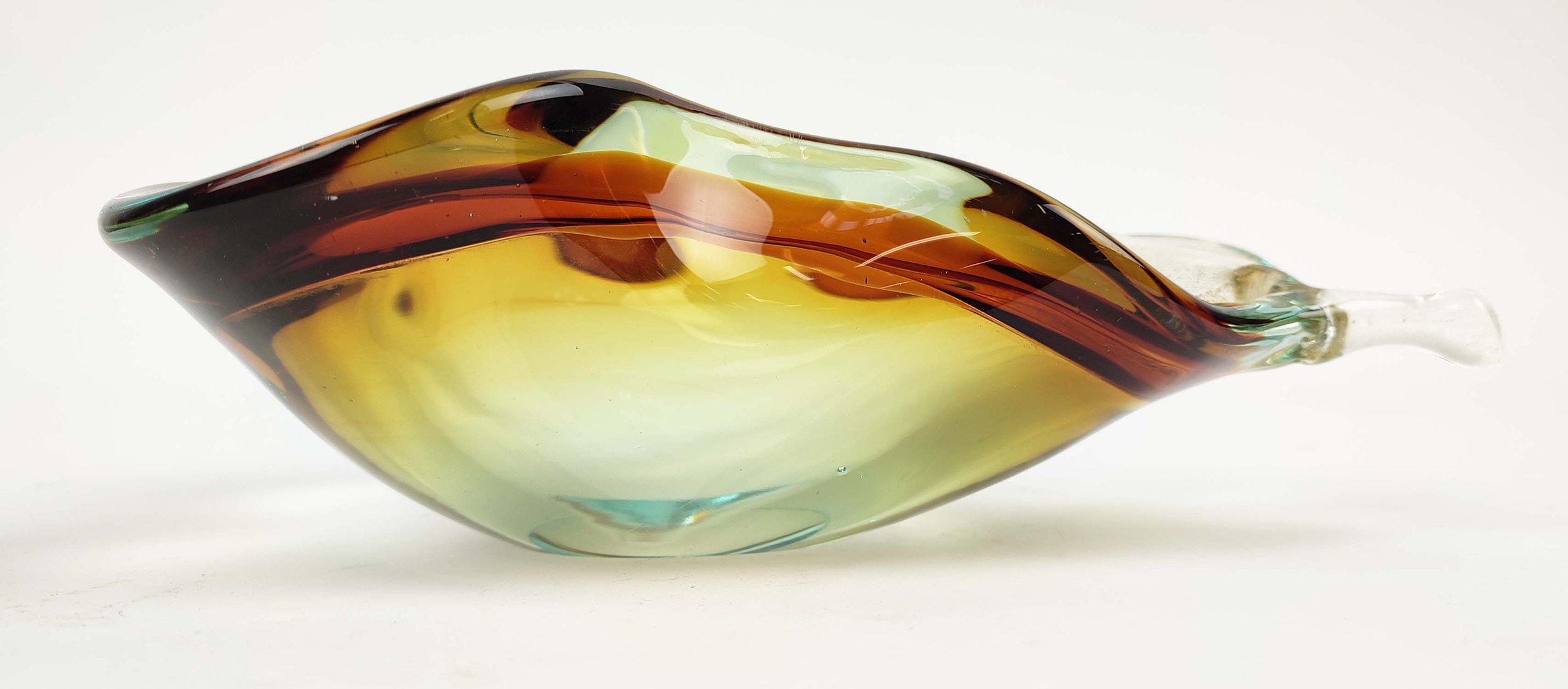 A MURANO GLASS BOWL, in the form of a pear, in amber and teal colourway, polished base, probably - Image 2 of 5