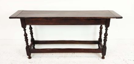 HALL TABLE, early 18th century and later oak with peripheral stretchers, 76cm H x 170cm W x 40cm D.