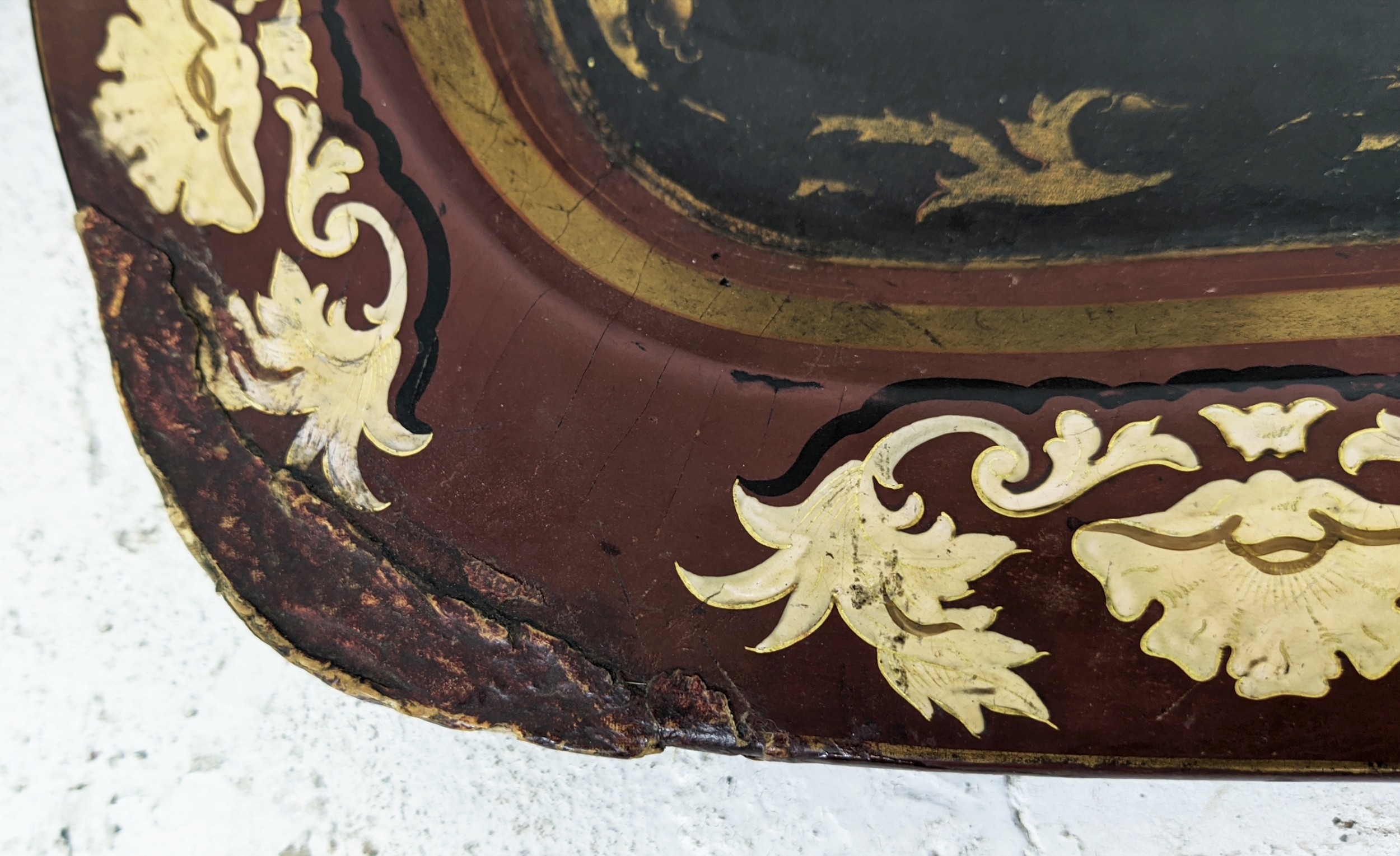 TRAY, Regency papier mache with scalloped border stamped Clay, 'King Street', Covent Garden, 80cm - Image 8 of 12