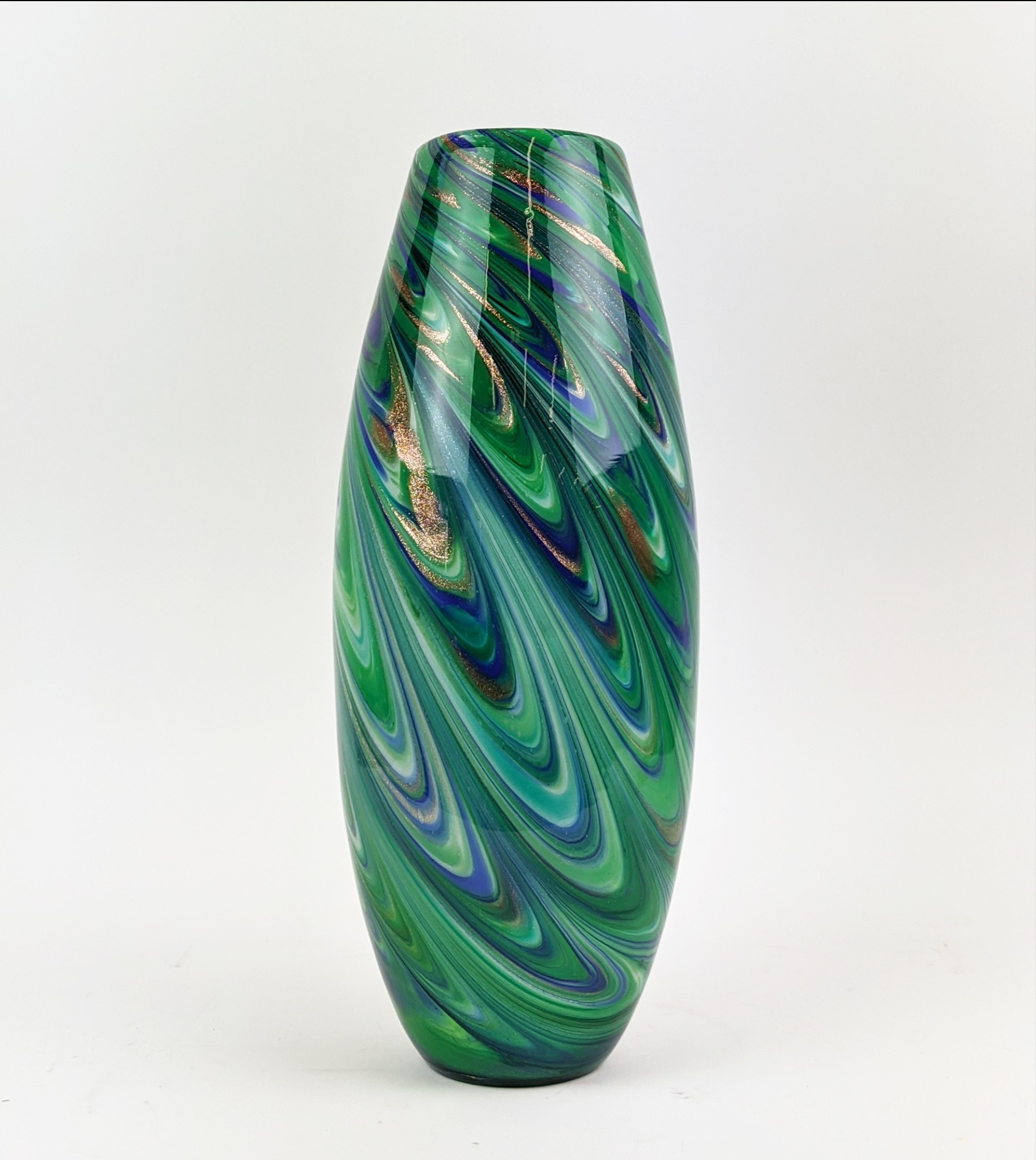 A MURANO GLASS VASE, of ovoid form, with a green, white and blue swirling pattern, gold flecks, 40cm