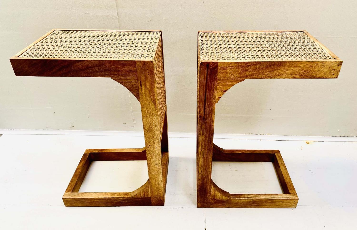 SIDE TABLES, a pair, 1970's Danish style, in wood and rattan, 60cm H x 30cm x 40cm. (2) - Image 4 of 5