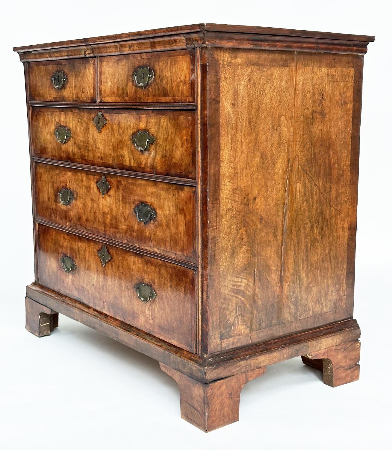 CHEST, early 18th century English Queen Anne figured walnut and crossbanded with two short and three - Image 9 of 15