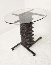 GLASS TOP DINING TABLE, with bespoke helix design metal base, 78cm H x 100cm D.