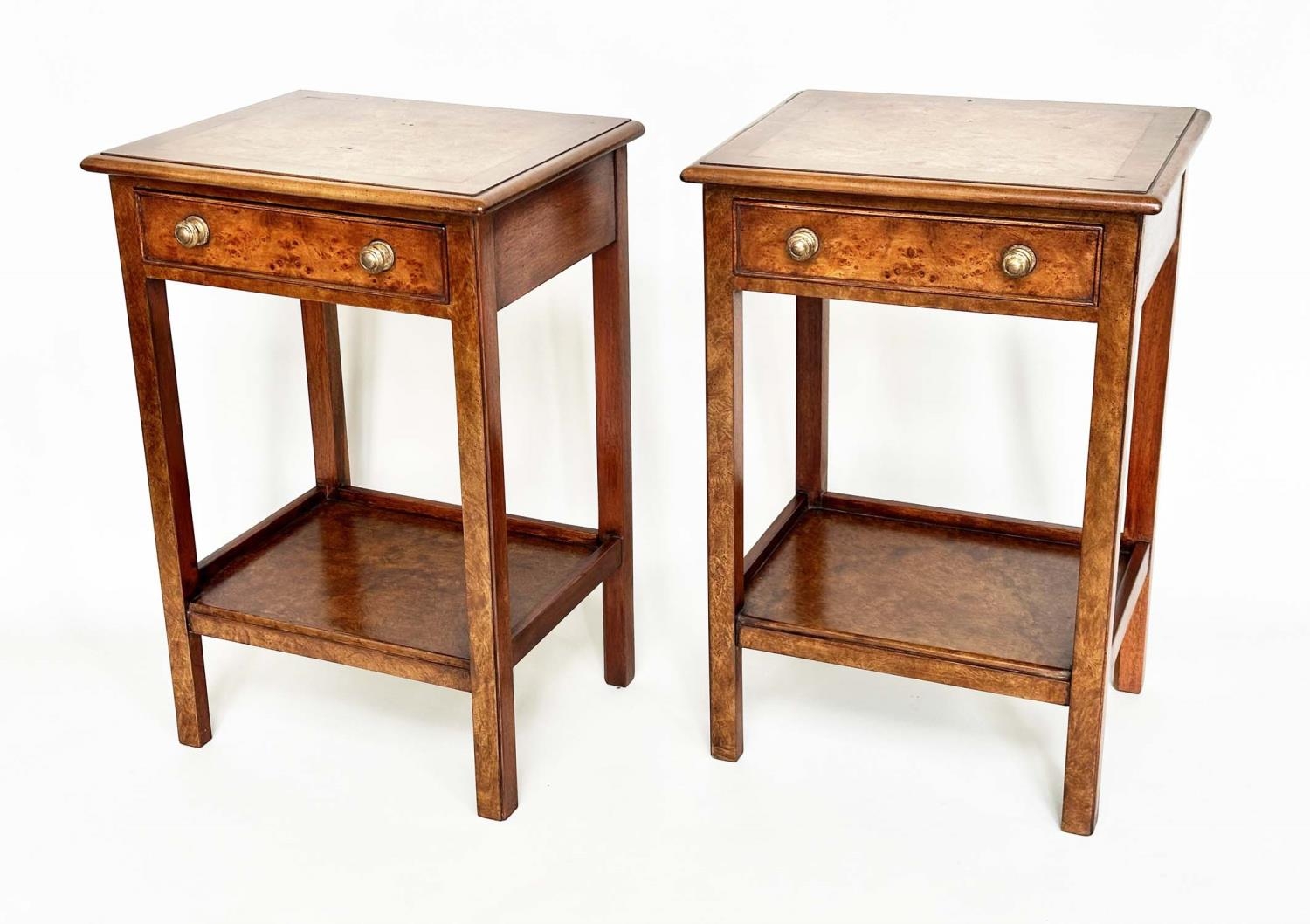 LAMP TABLES, a pair, George III design burr walnut and crossbanded each with drawer and undertier, - Image 4 of 9