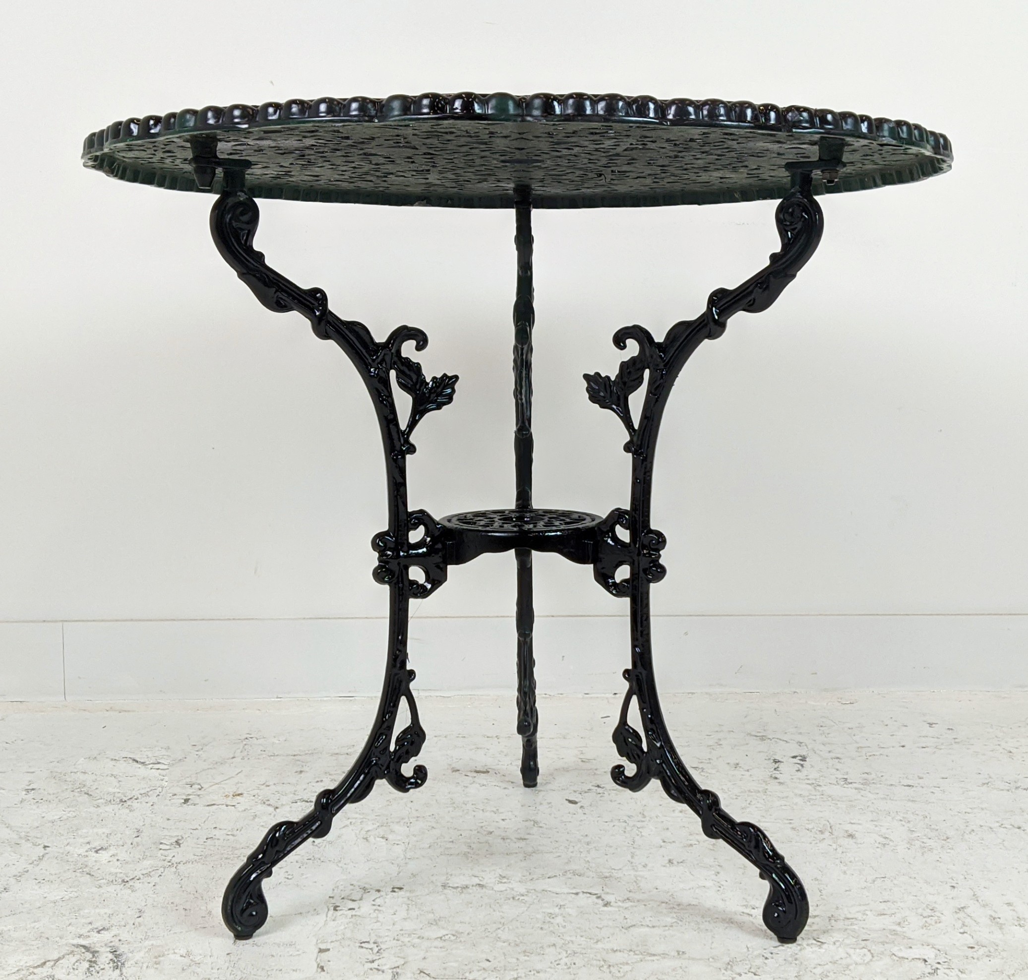 CIRCULAR GARDEN TABLE, black metal, 72cm H x 80cm and a set of four chairs, 85cm H x 42cm. (5) - Image 7 of 8