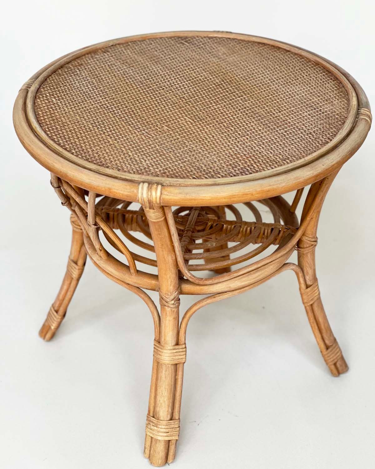 LAMP TABLES, a pair, circular rattan, wicker panelled and cane bound, 55cm x 53cm H. (2) - Image 3 of 8
