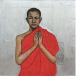 SUSAN JAYNE HOCKING (British 1952), 'Tibetan boy monk', metal leaf and pigment on canvas, 92cm x