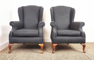 HOLLAND AND SHERRY UPHOLSTERED WING BACK ARMCHAIRS, a pair, cabriole feet, 11cm H x 75cm W x 80cm D.