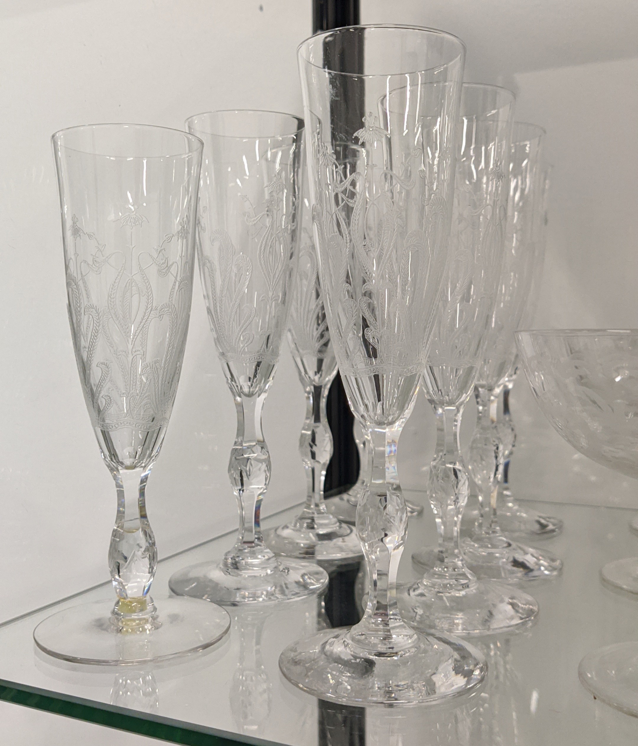 QUANTITY OF ENGRAVED GLASSWARE, including eight champagne flutes, decanter vodka glass set, eight - Image 4 of 9