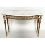 CONSOLE TABLE, late 19th century Italian grey painted and parcel gilt, bow fronted with Vitruvian