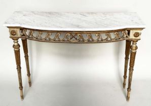 CONSOLE TABLE, late 19th century Italian grey painted and parcel gilt, bow fronted with Vitruvian