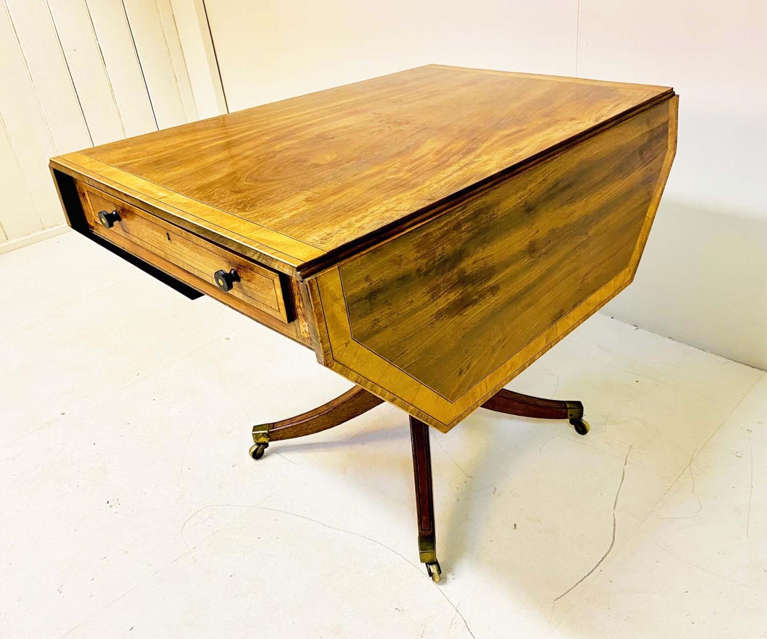PEMBROKE TABLE, George III mahogany and satinwood with crossbanded top and a drawer to each end on - Image 3 of 6