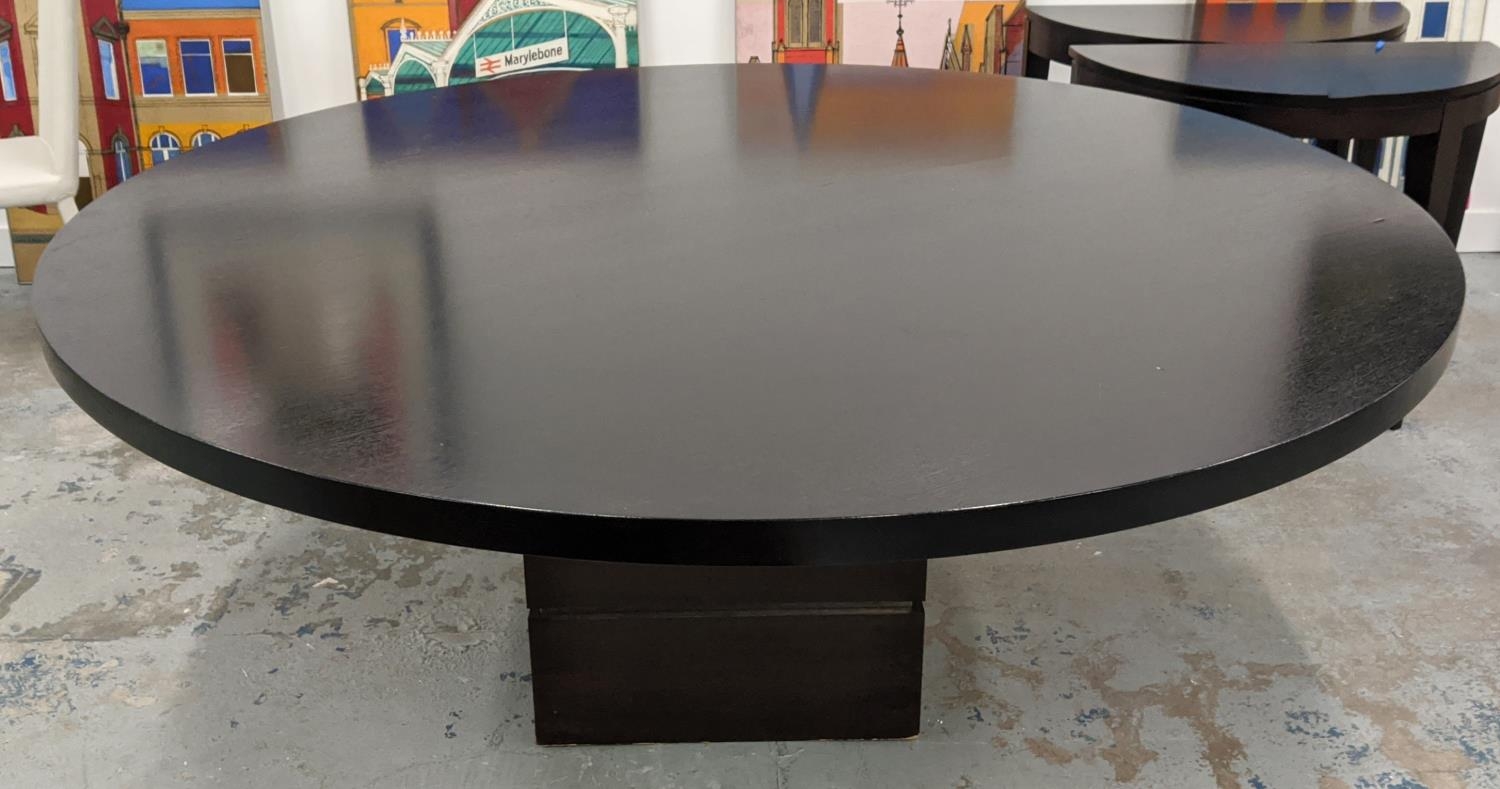 DINING TABLE, central single pedestal, polished metal detail, 200cm diam x 79cm.