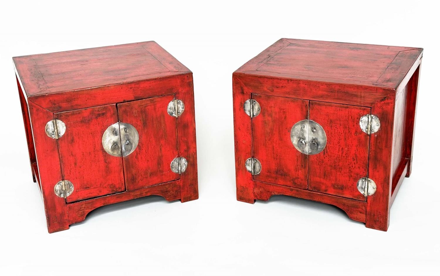CHINESE CABINETS, a pair, cube form Chinese scarlet lacquered and silvered metal mounted, 60cm x - Image 3 of 6