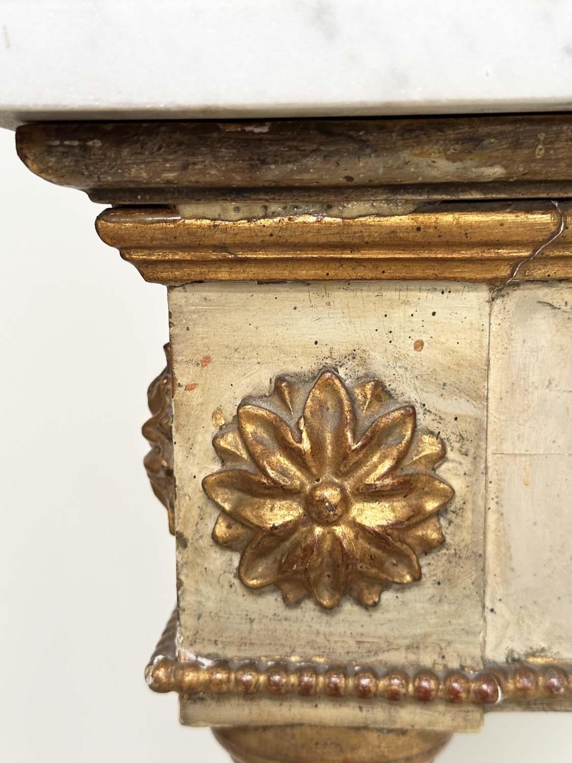 CONSOLE TABLE, late 19th century Italian grey painted and parcel gilt, bow fronted with Vitruvian - Image 5 of 8