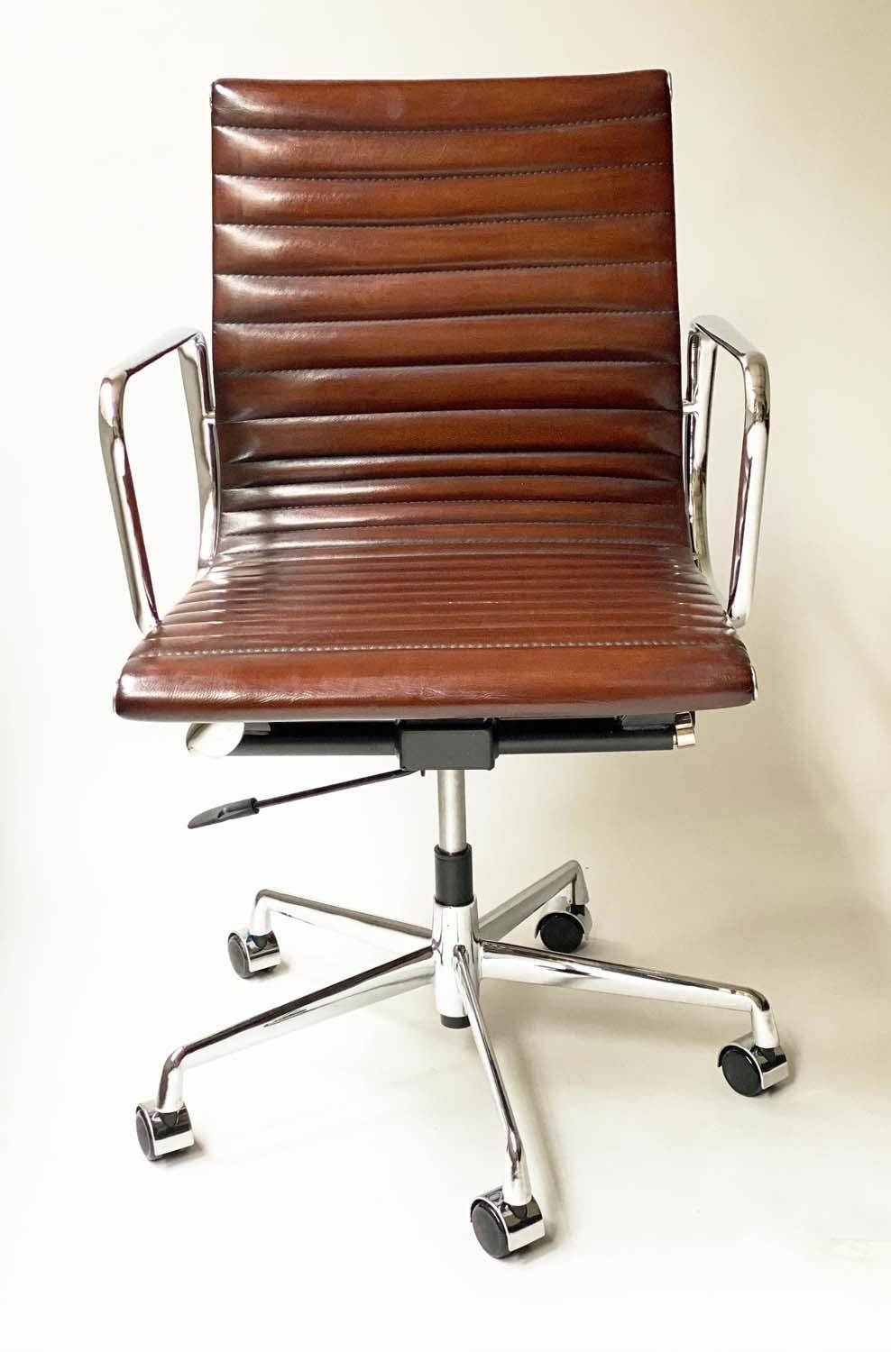 REVOLVING DESK CHAIR, Charles and Ray Eames inspired with ribbed hand finished mid brown natural - Image 3 of 11