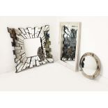 SET OF THREE MIRRORS, A square polished design mirror, an off-white french style and a chrome