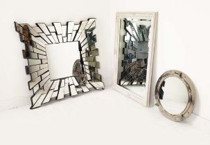 SET OF THREE MIRRORS, A square polished design mirror, an off-white french style and a chrome