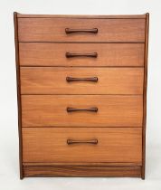 TALL CHEST, 1970s teak with five long drawers and hardwood bale handles, 69cm W x 42cm D x 91cm H.
