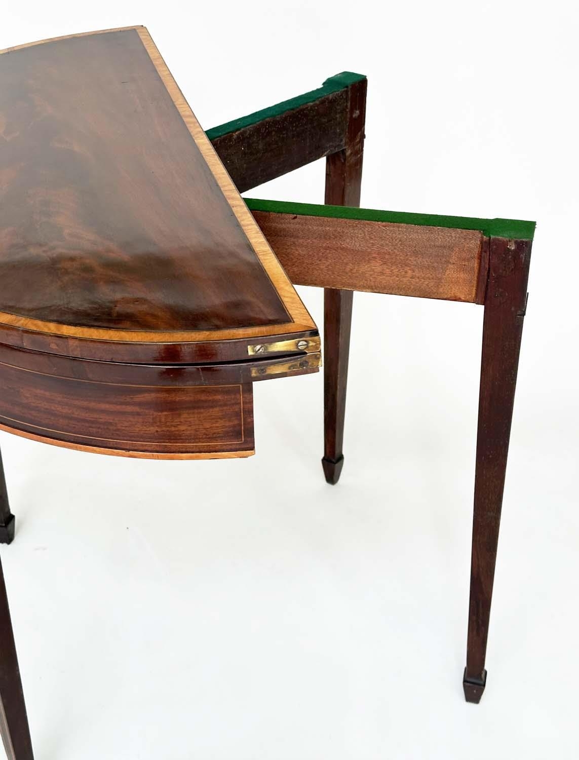 CARD TABLE, George III flame mahogany and satinwood crossbanded, demilune foldover baise lined, 90cm - Image 12 of 12
