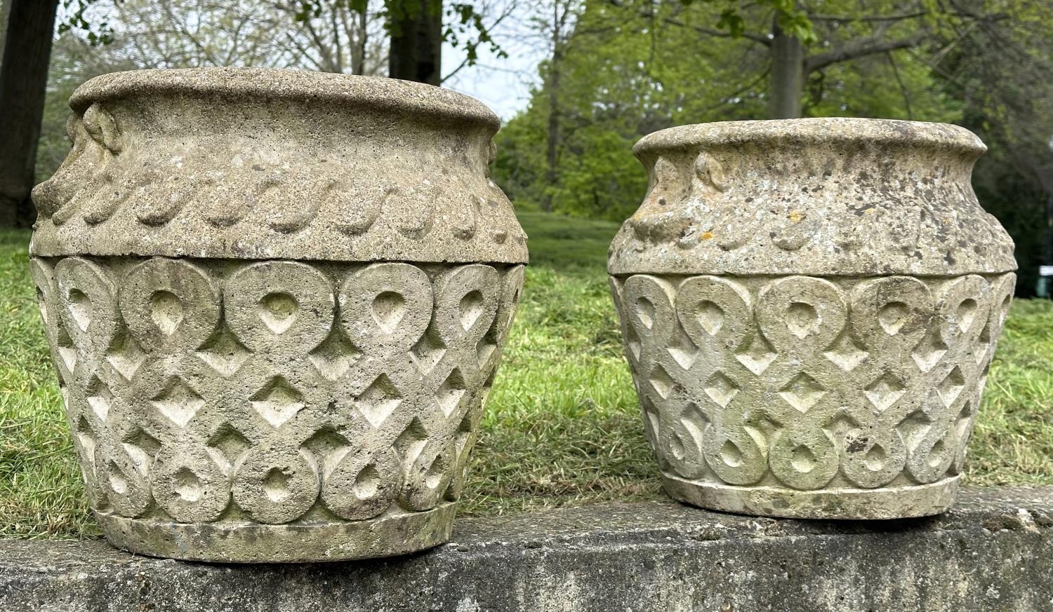 GARDEN PLANTERS, a pair, well weathered reconstituted stone studio pots of urn form, 39cm H x 42cm - Image 8 of 8