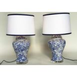 TABLE LAMPS, a pair, Chinese fern blue and white ceramic of lidded vase form with lucite bases and