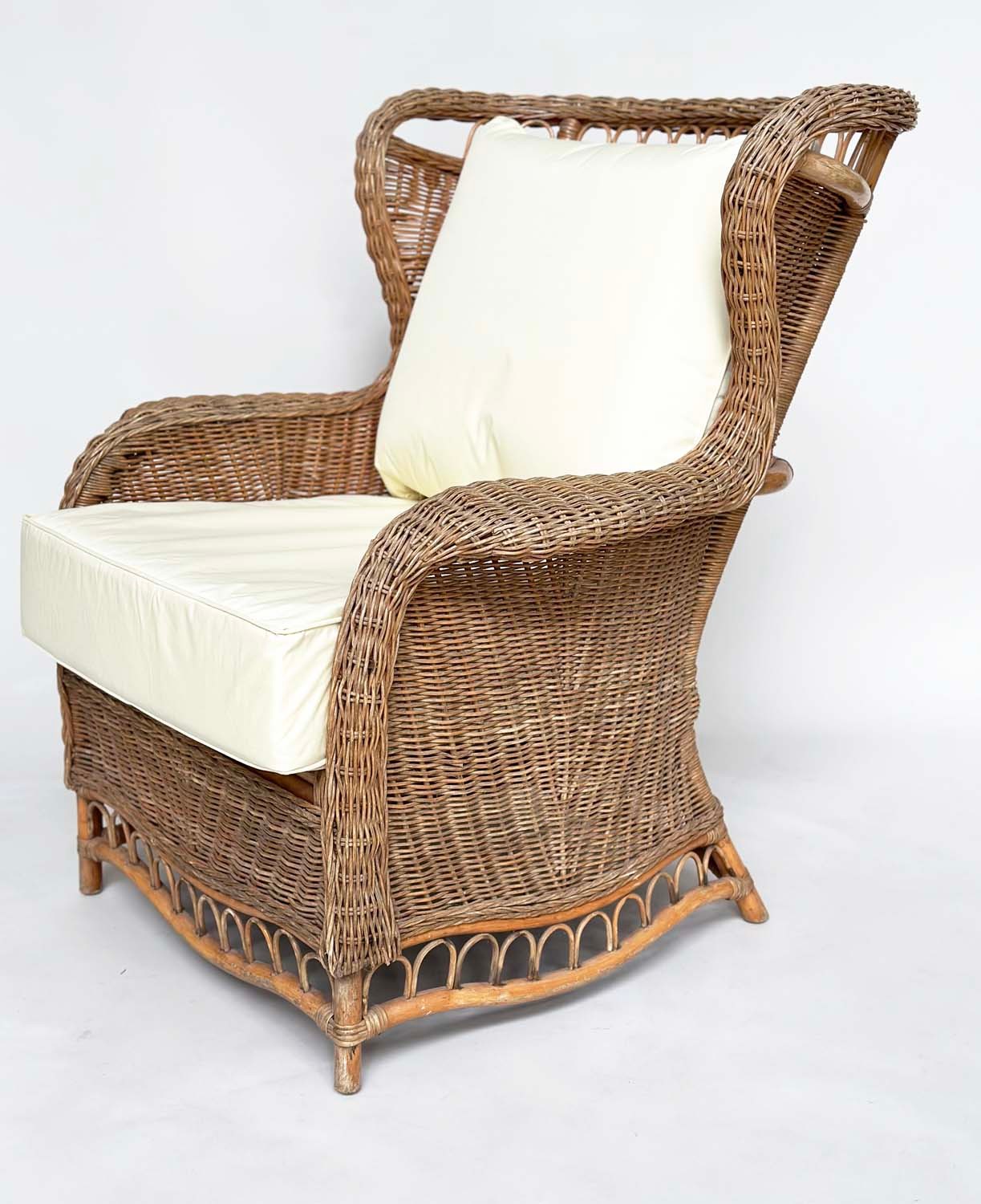 CONSERVATORY ARMCHAIR, mid 20th century rattan framed and cane woven with shaped back and - Image 6 of 13