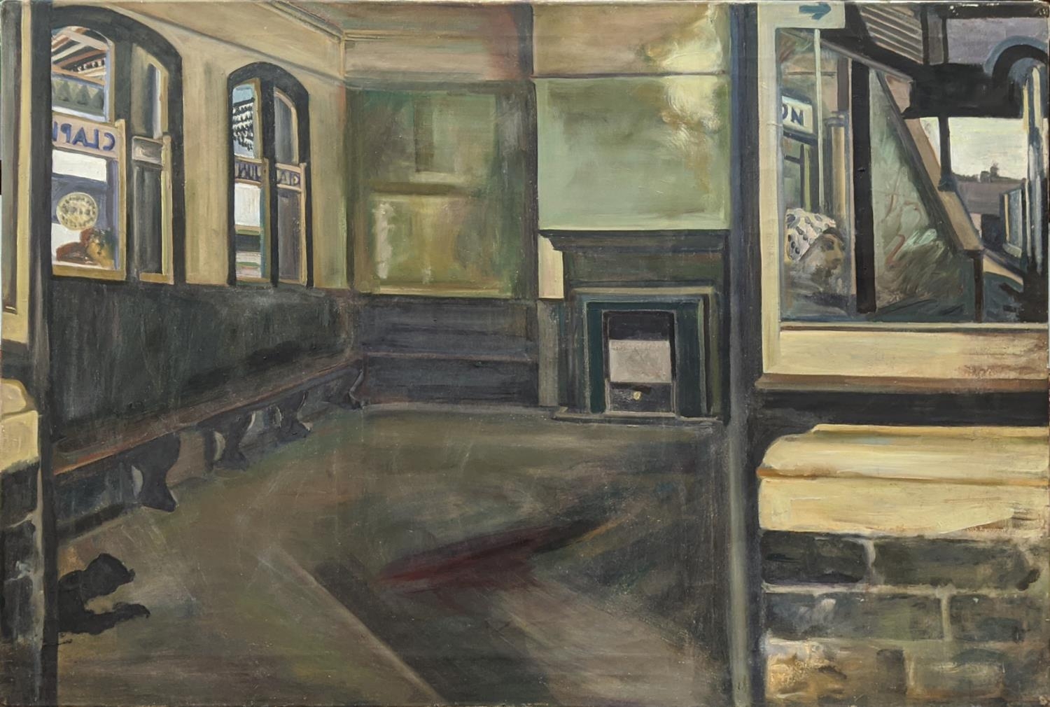 ROSIE LEVENTON, 'Clapham Junction waiting room', oil on canvas, 102cm x 152cm.