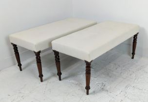 STOOLS, a pair, part Victorian mahogany with rectangular white upholstery, 46cm H x 101cm W x 45cm