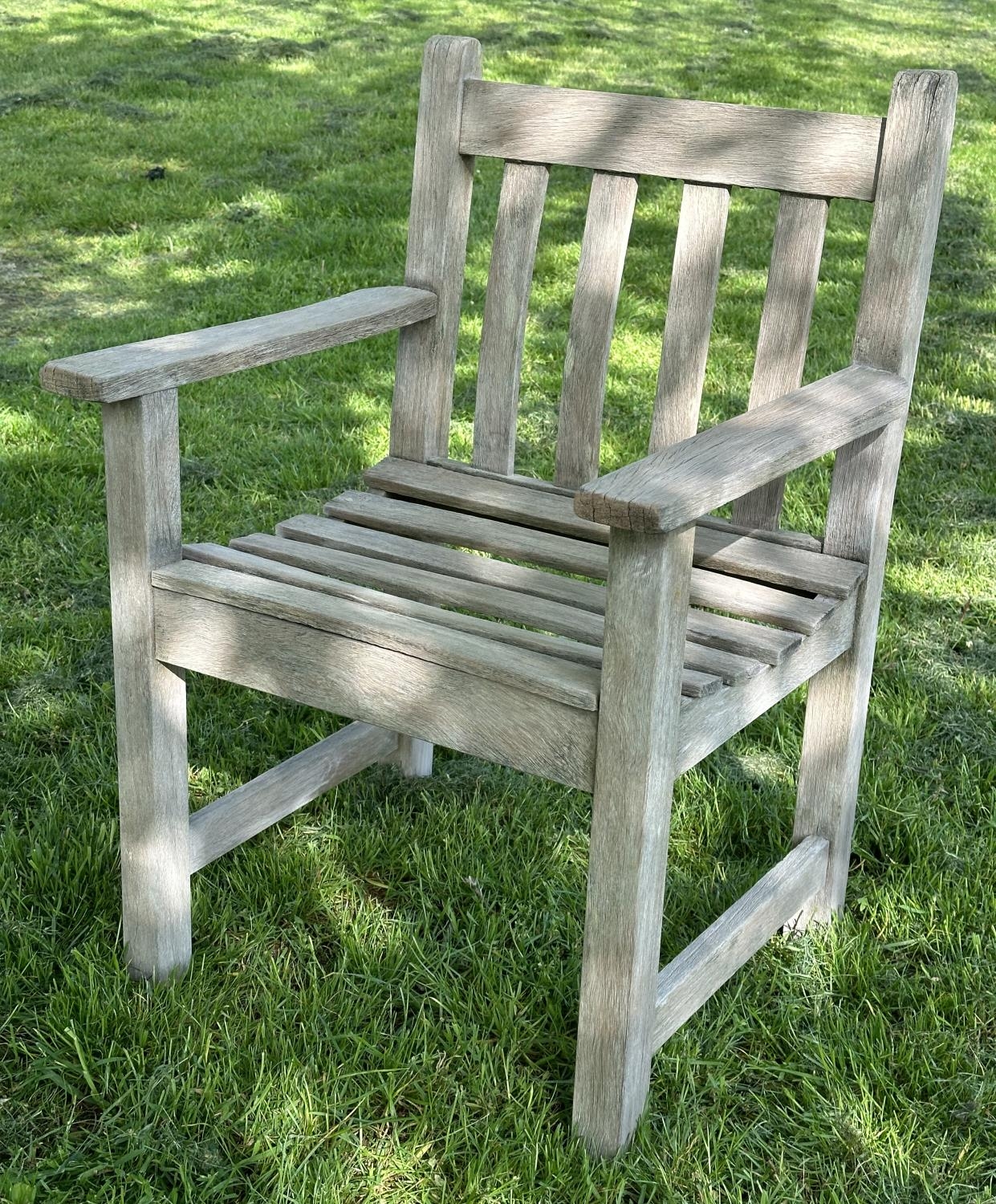 GARDEN ARMCHAIRS, a pair, silvery weathered teak and slatted with flat top arms, 86cm H x 50cm W x - Image 6 of 8