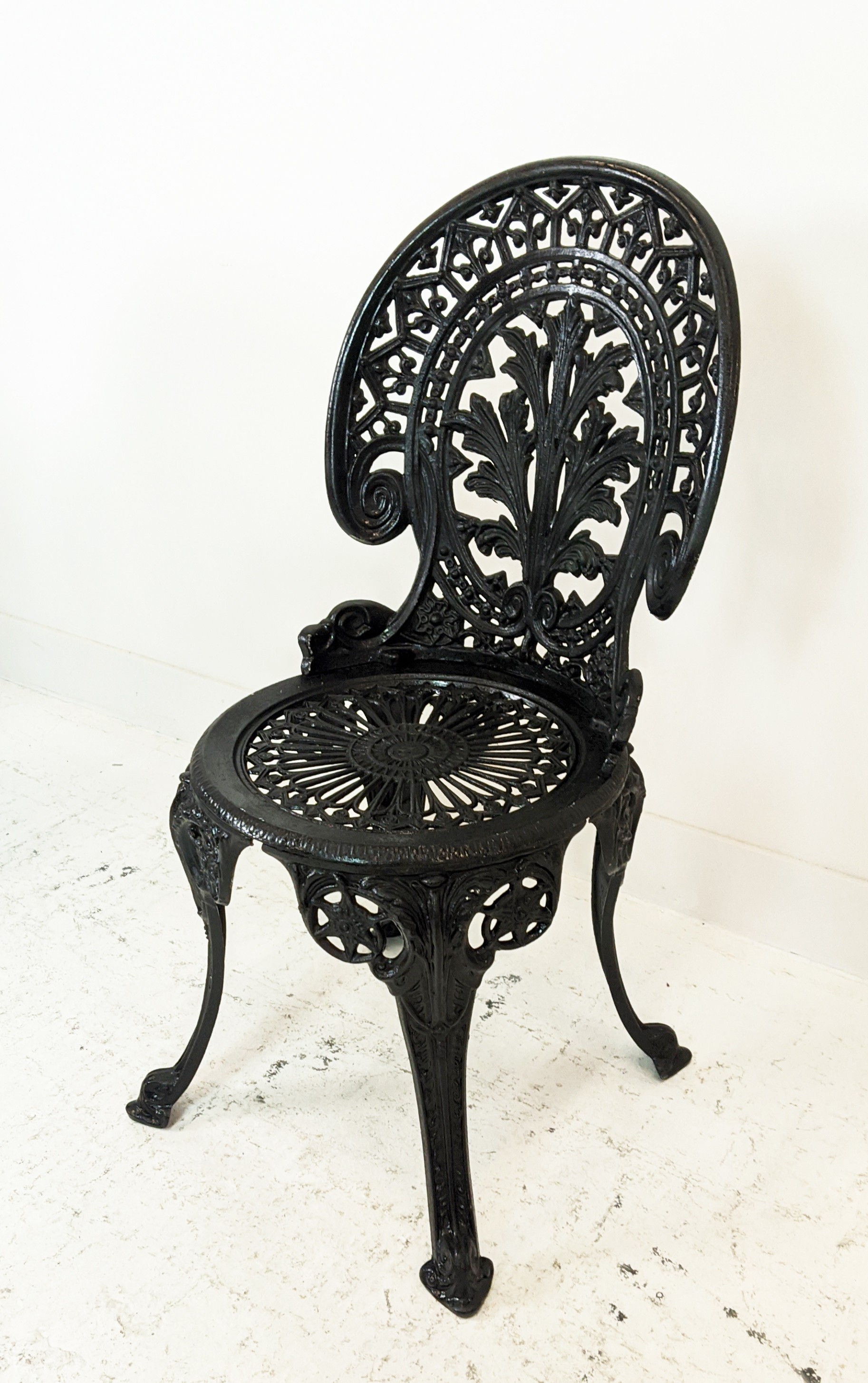 CIRCULAR GARDEN TABLE, black metal, 72cm H x 80cm and a set of four chairs, 85cm H x 42cm. (5) - Image 3 of 8