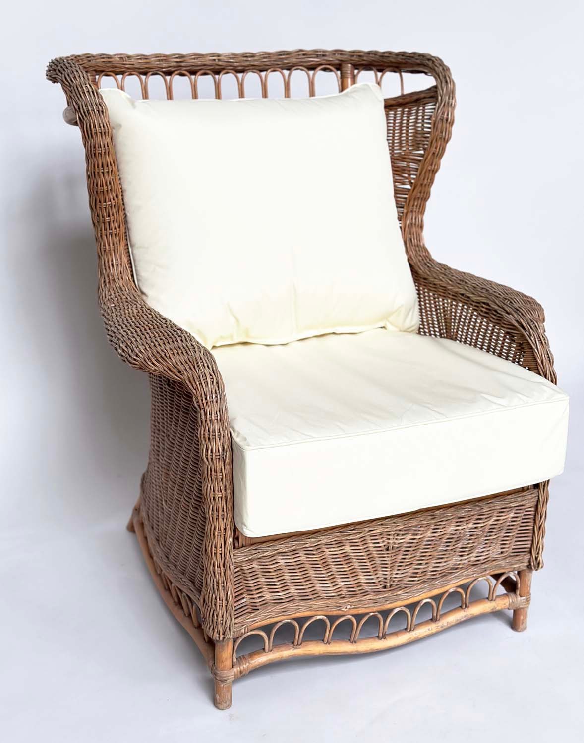 CONSERVATORY ARMCHAIR, mid 20th century rattan framed and cane woven with shaped back and - Image 13 of 13