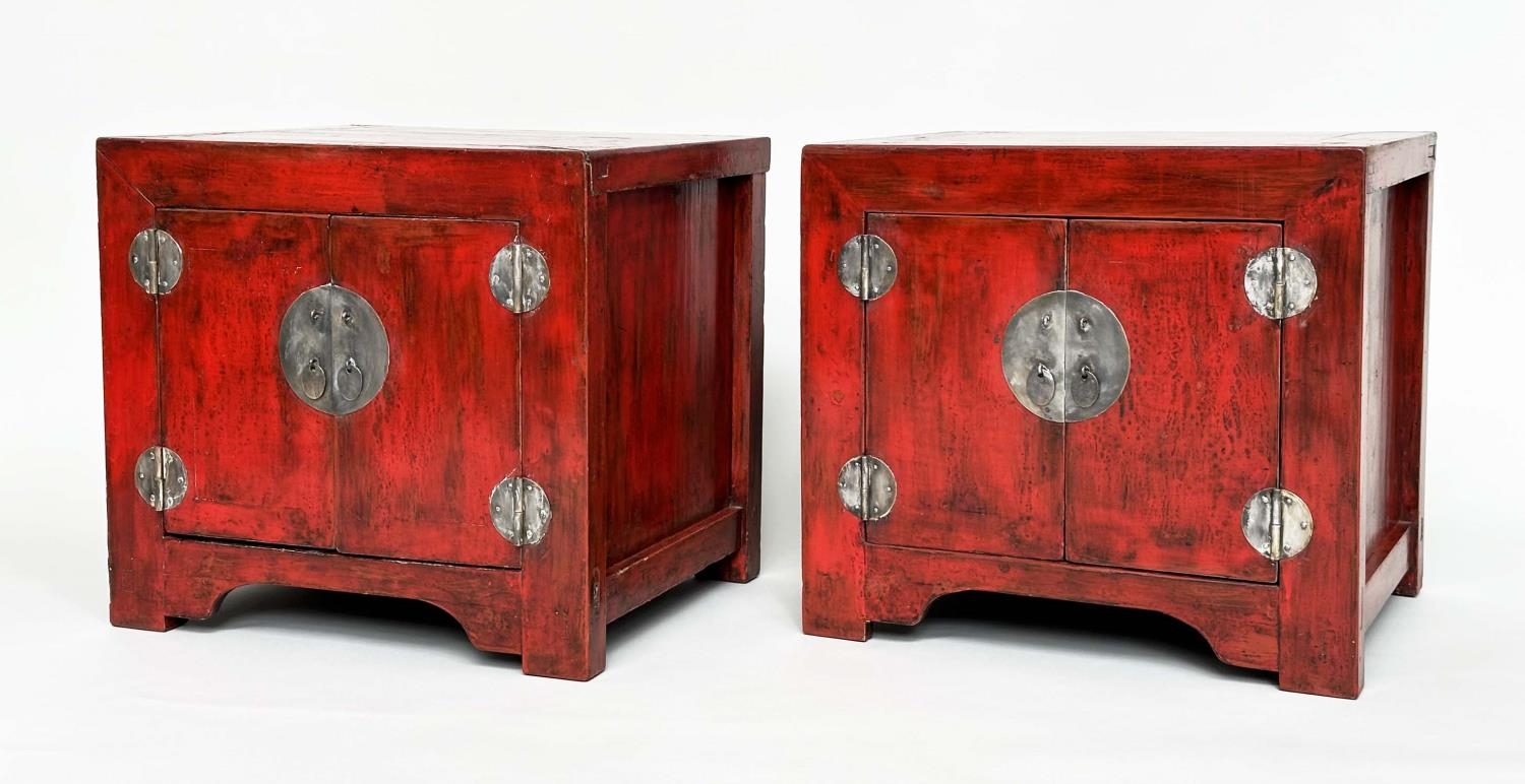 CHINESE CABINETS, a pair, cube form Chinese scarlet lacquered and silvered metal mounted, 60cm x - Image 6 of 6