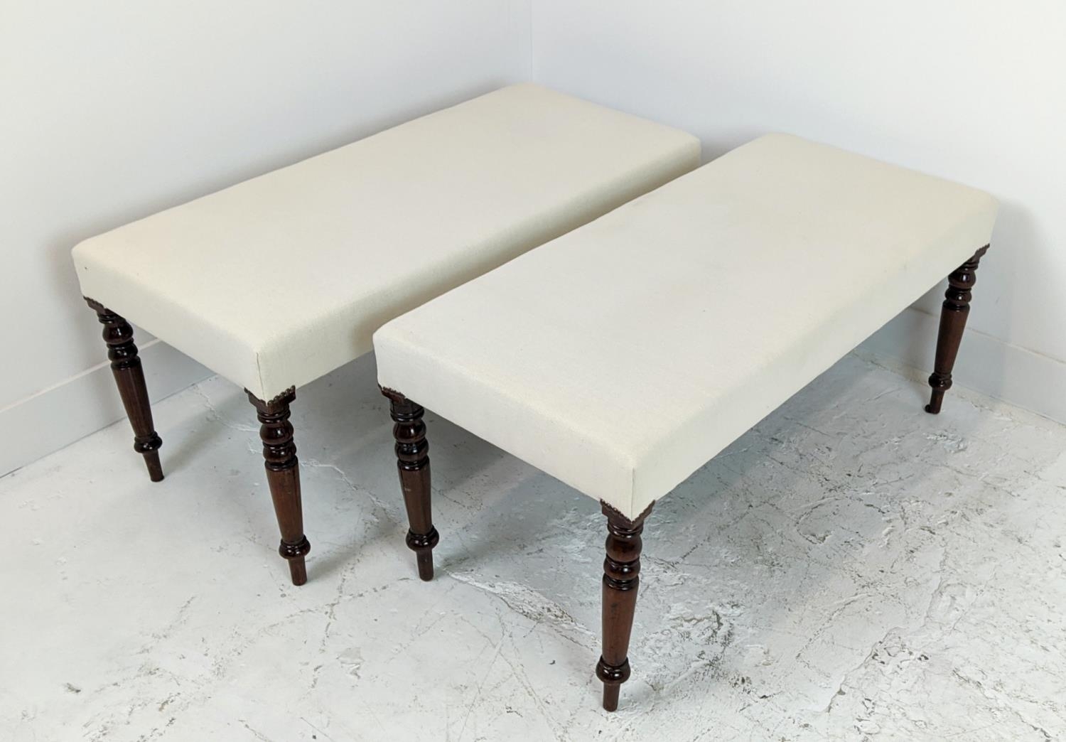 STOOLS, a pair, part Victorian mahogany with rectangular white upholstery, 46cm H x 101cm W x 45cm - Image 2 of 6