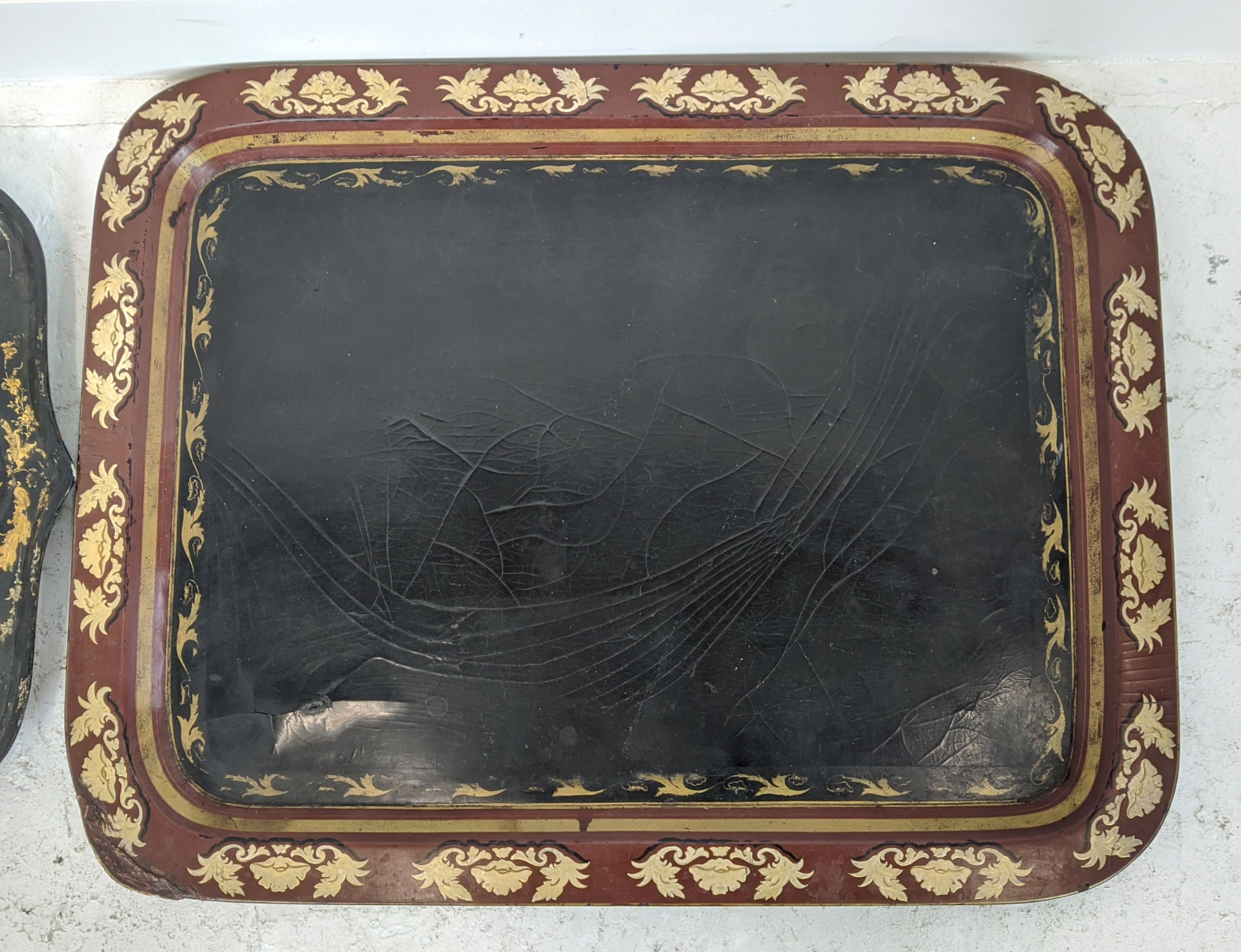 TRAY, Regency papier mache with scalloped border stamped Clay, 'King Street', Covent Garden, 80cm - Image 6 of 12