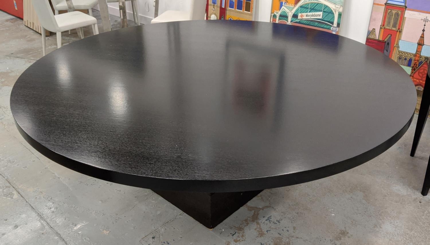 DINING TABLE, central single pedestal, polished metal detail, 200cm diam x 79cm. - Image 3 of 7