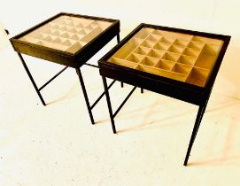 SPECIMEN SIDE TABLES, a pair, wooden tray tops with glass on stretchered supports, 62cm H x 51cm x