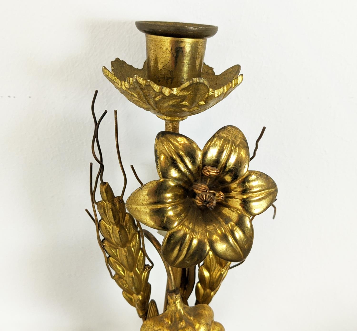 TABLE CANDLABRAS, a pair, each 107cm H x 33cm W, gilt metal with grain and grape detail, with candle - Image 5 of 5