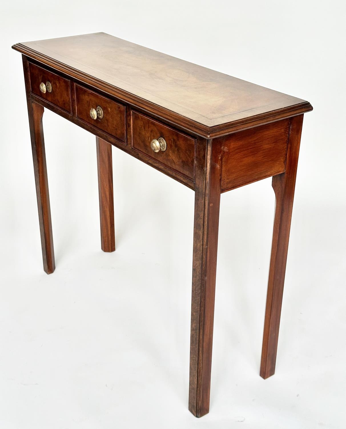 HALL TABLE, George III design burr walnut and crossbanded with three frieze drawers and tapering - Image 6 of 9