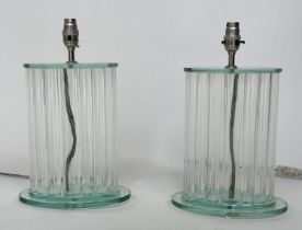 TABLE LAMPS BY GREEN APPLE, a pair, glass oval each with twenty graduated glass column supports,