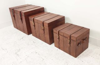 TRUNKS, a graduated set of three, each with buckle closing lids, 61cm x 46cm x 46cm at largest. (3)
