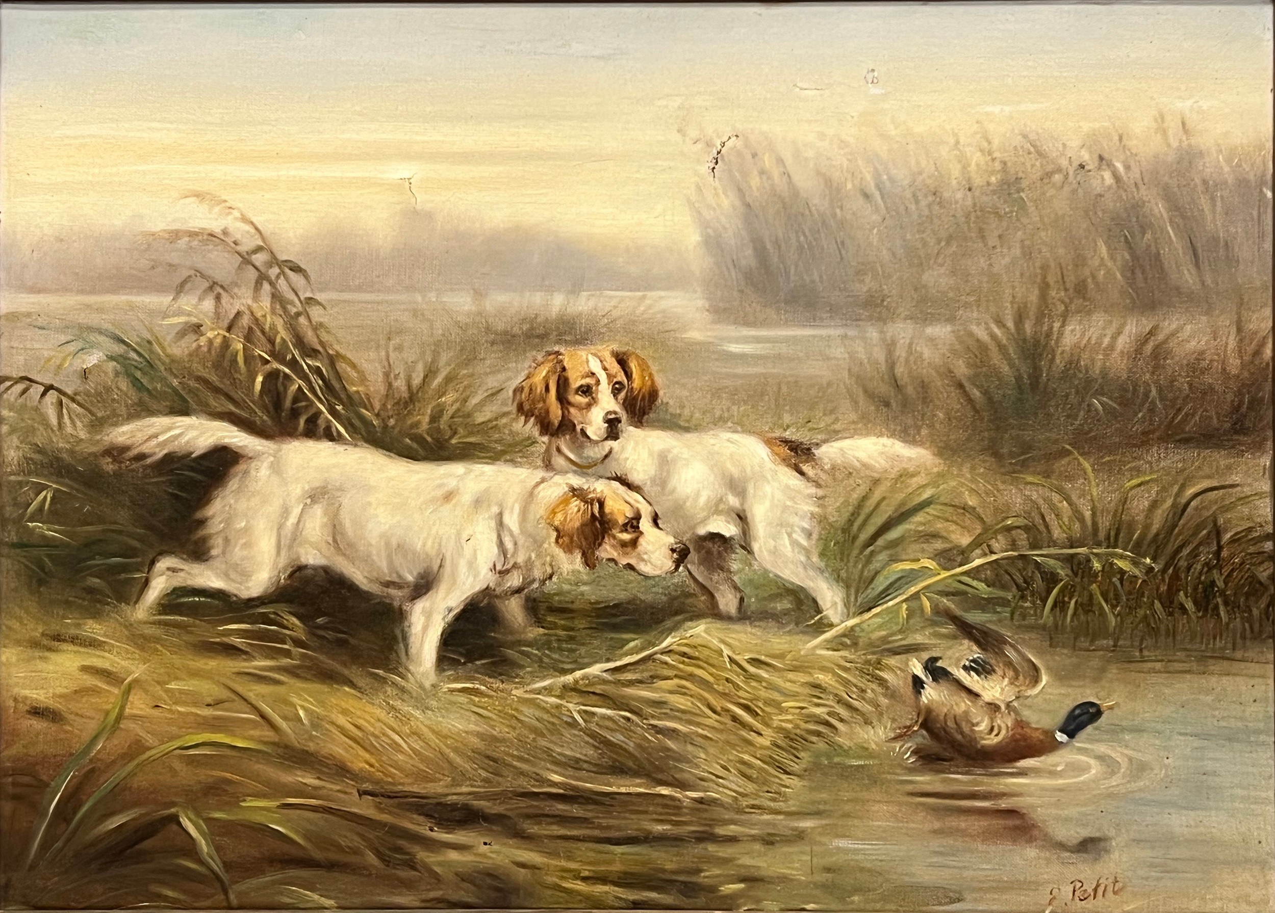 EUGENE PETIT (French 1839-1886), 'Hounds in a landscape', oil on canvas, 47cm x 63cm, framed. - Image 2 of 5