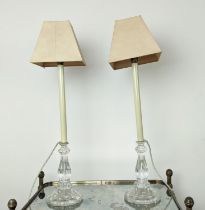 TABLE LAMPS, a pair with end glass bases and tall columns with linen style shades, each 75cm tall
